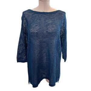 J Jill Blue‎ Linen Blend Open knit Sweater Size Medium Coastal Grandma Tunic